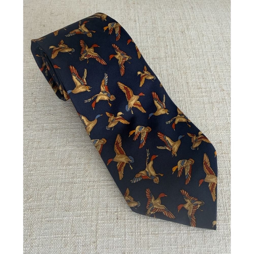 Salvatore Ferragamo Novelty Duck USA Flag 100% Silk Necktie Italy Navy Blue